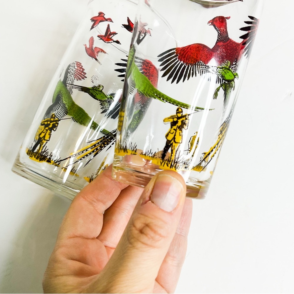 Vintage Pheasant Hunting Glass Tumblers Set Retro Bird Barware - Picture 6 of 9